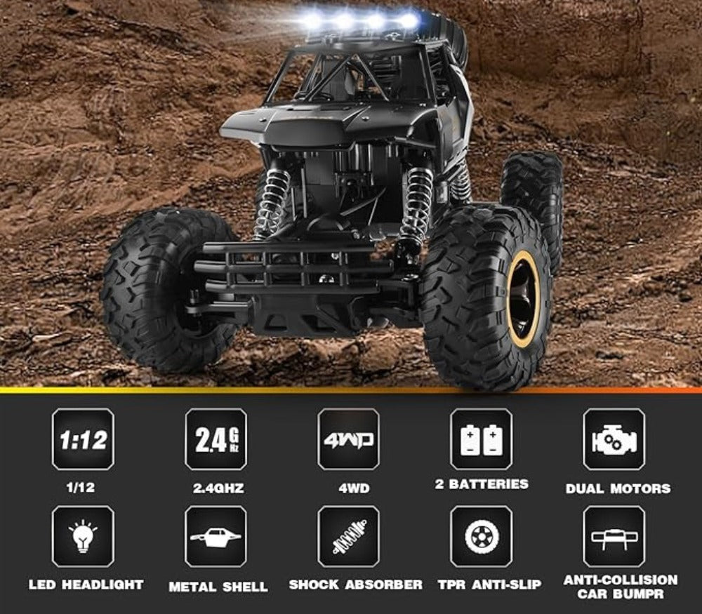 RC rock crawler features: 1:12 scale, 2.4GHz, 4WD, 2 batteries, LED headlights, metal shell, shock absorbers