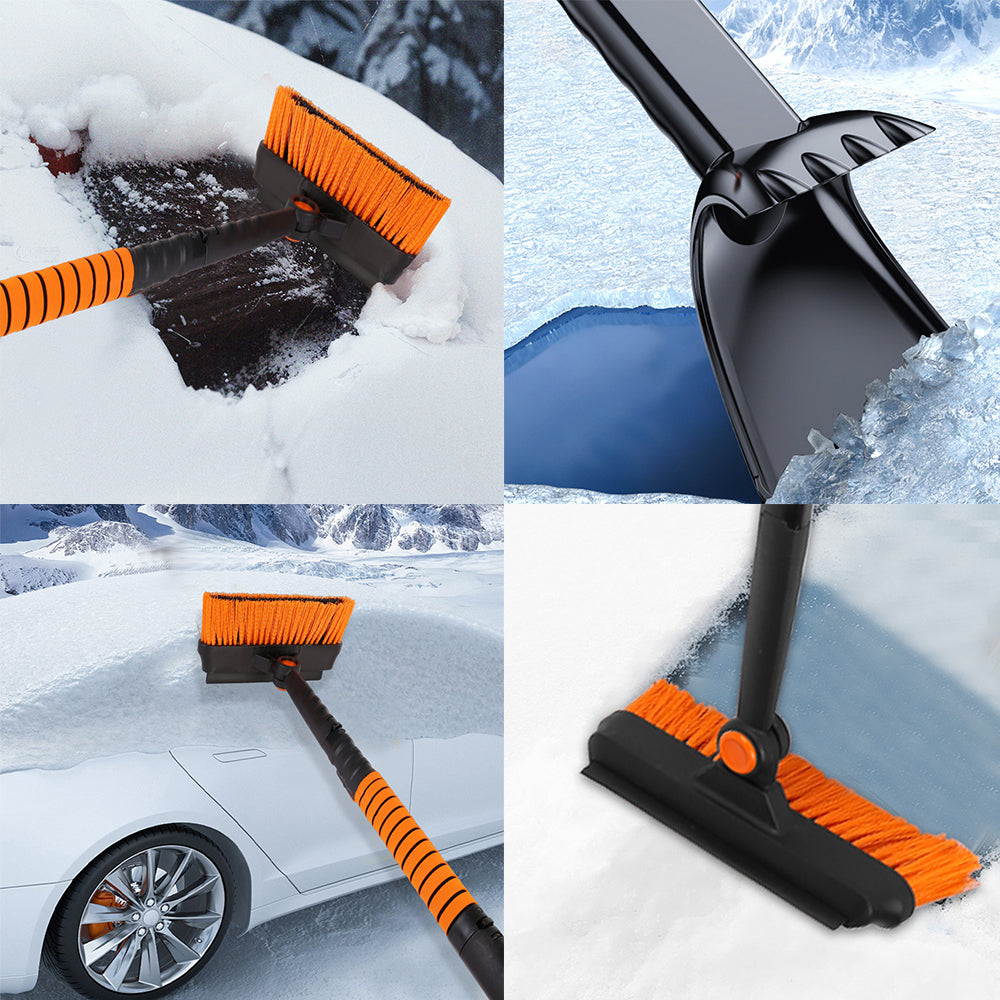 Snow brush and scraper in use