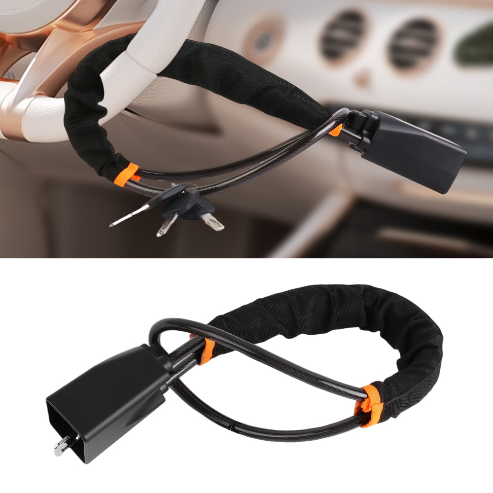 Lock fitted between steering wheel and seat belt buckle