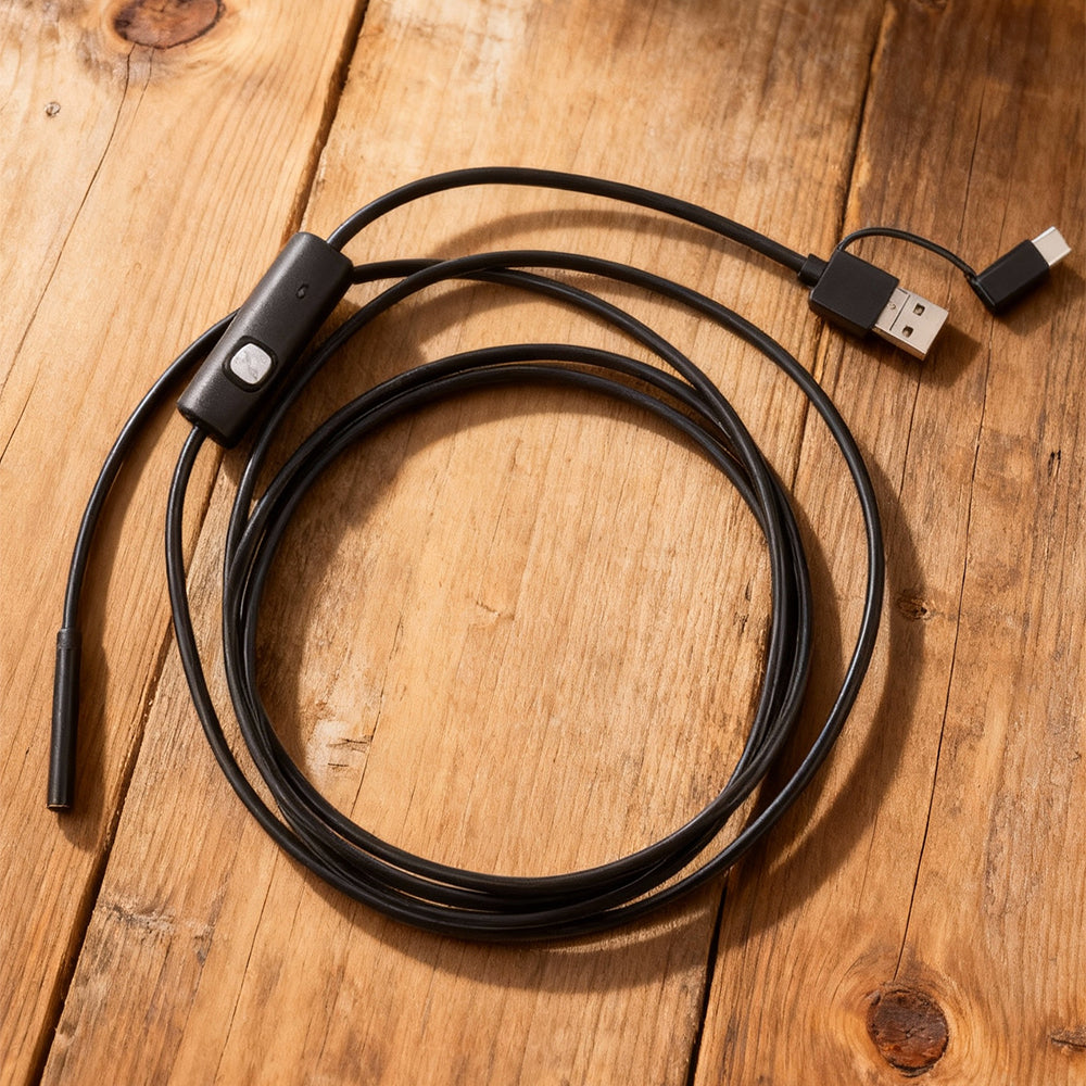 Endoscope cable on a wooden surface
