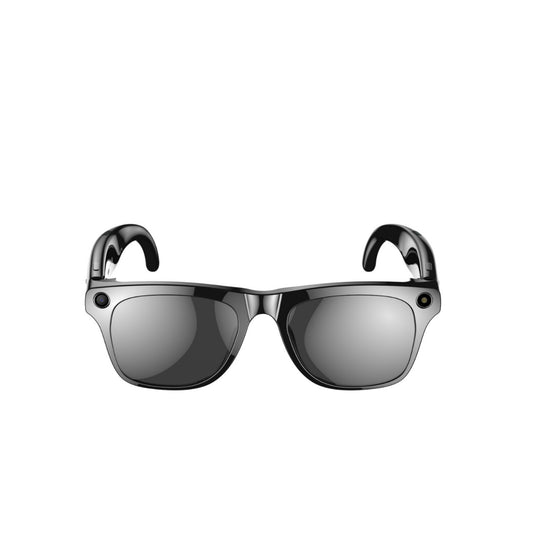 Black camera smart glasses, front view showing the two small lenses on the frame corners