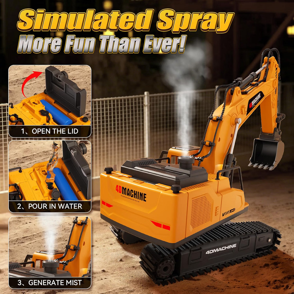 3-in-1 RC Excavator Digger with Water-Mist Smoke Effect