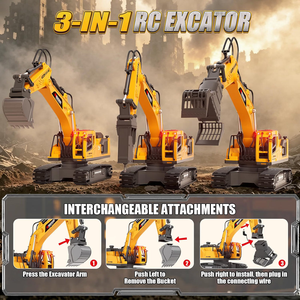 3-in-1 RC Excavator Digger with Water-Mist Smoke Effect