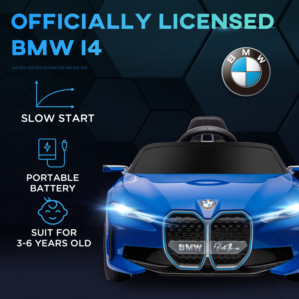 Officially licensed BMW i4 ride-on with slow start, portable battery, ages 3-6