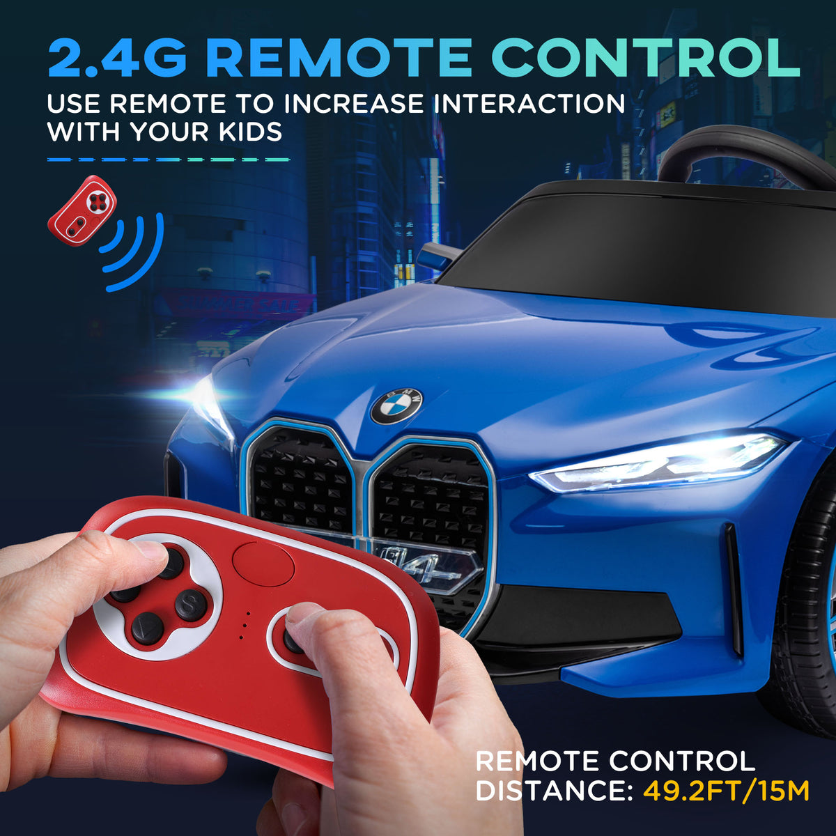 BMW i4 ride-on car 2.4G parent remote, 15 m range