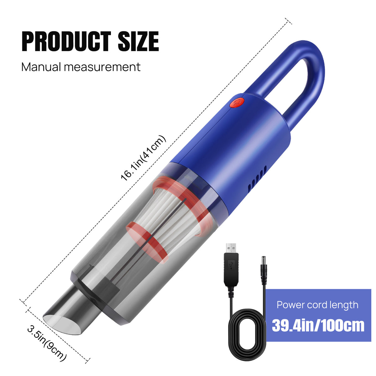 Handheld car vacuum size about 41 x 9 cm and 100 cm USB cable