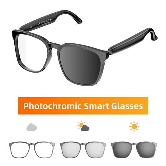Black audio smart glasses with photochromic lenses changing from clear to grey