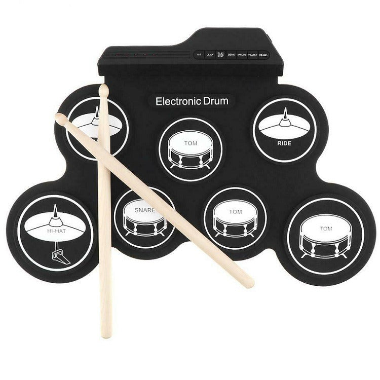 Black roll-up electronic drum kit with 7 pads and drumsticks