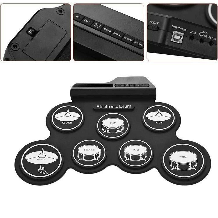 Close-ups of the control buttons and ports on the drum kit