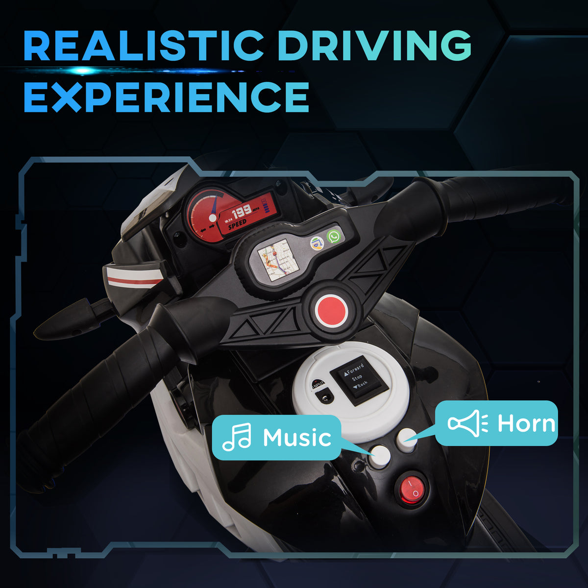 Ride-on motorbike controls with music and horn buttons