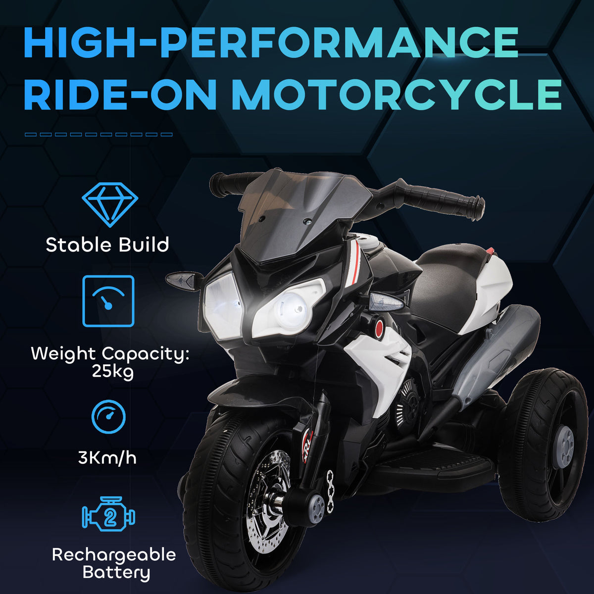 Ride-on motorbike: 25 kg capacity, 3 km/h, rechargeable battery