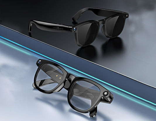 Black camera smart glasses shown with clear lenses and with sunglass lenses