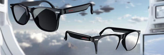 D13 Bluetooth audio glasses, shown in the clear-lens and sunglass versions