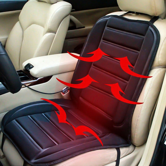Black heated car seat cushion fitted to a car seat