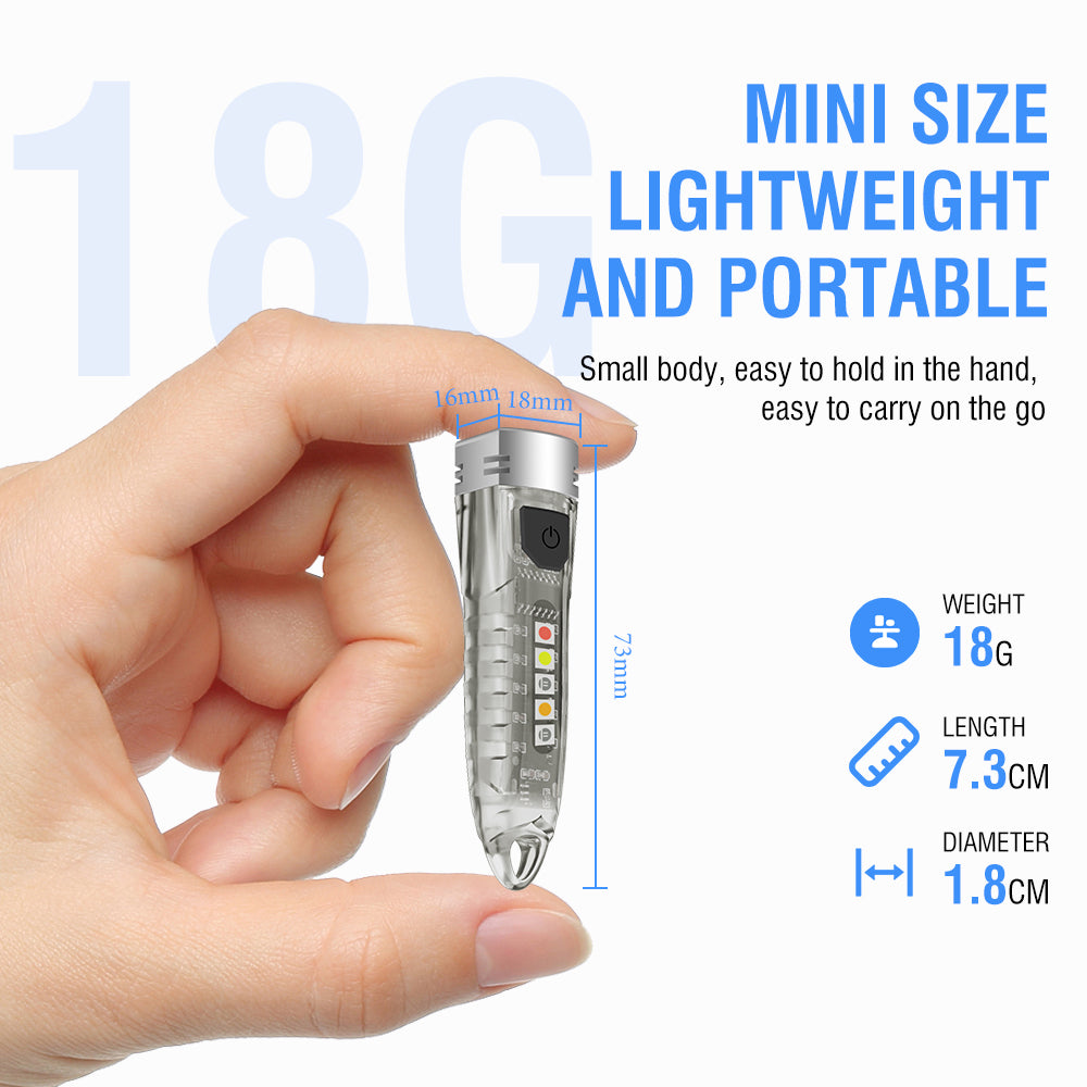 Mini keyring torch held in fingers, 7.3 cm long