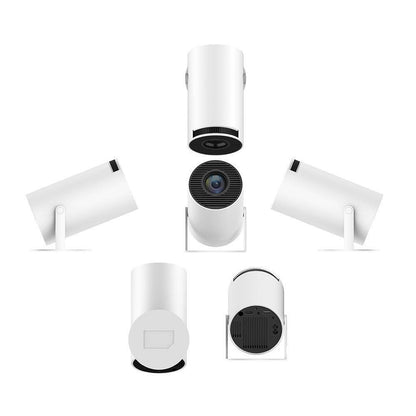 White mini projector shown from five angles, including the back with HDMI and USB ports