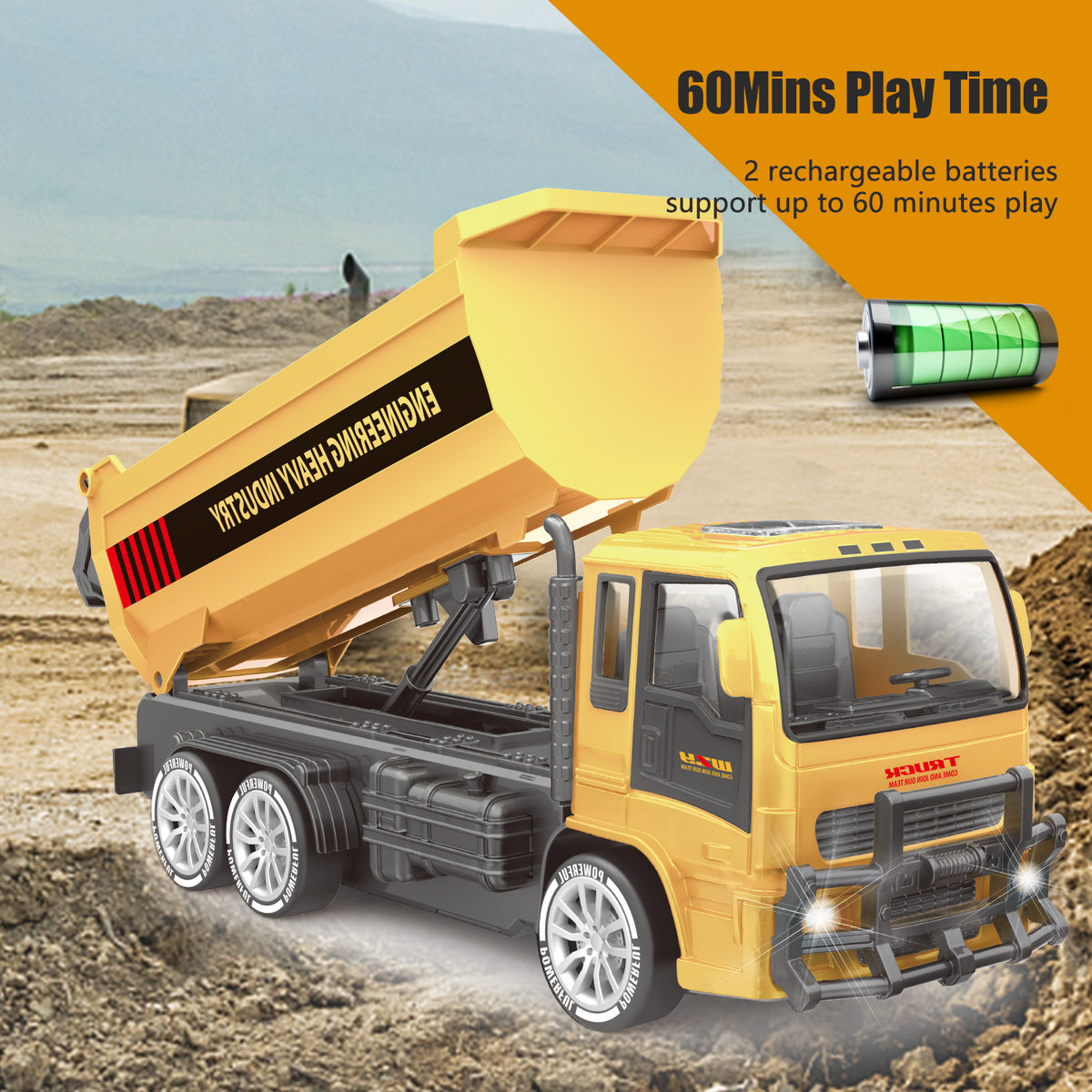 RC dump truck with tipping bed raised; 2 rechargeable batteries, up to 60 minutes play