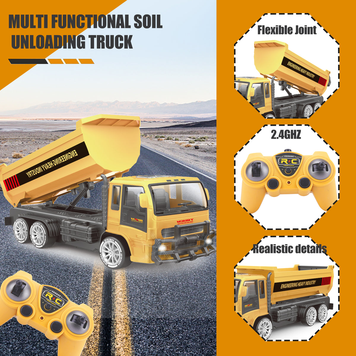 RC dump truck tipping bed, 2.4GHz remote control and truck details