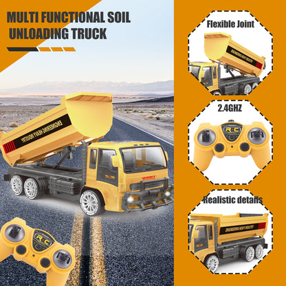 RC dump truck tipping bed, 2.4GHz remote control and truck details