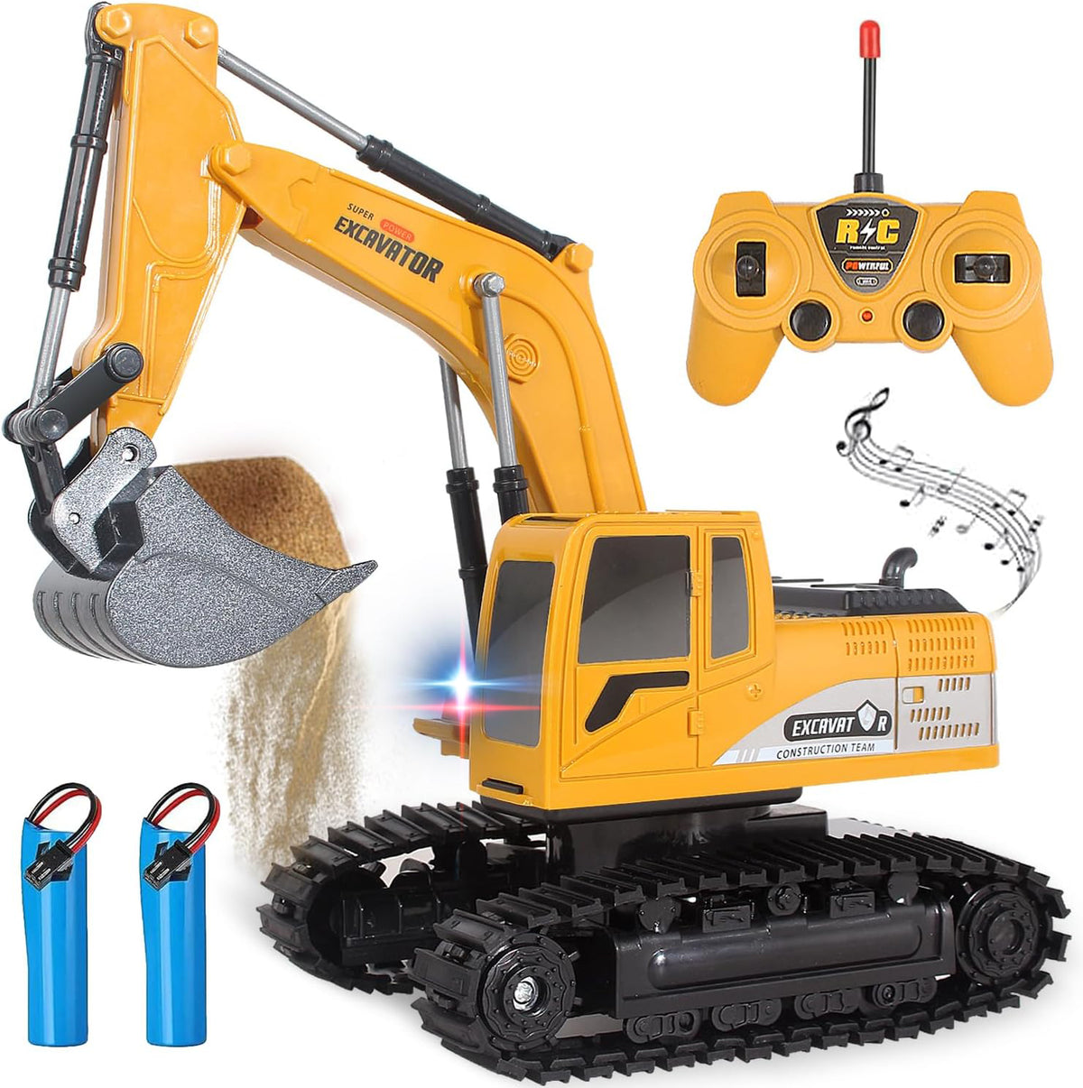 Yellow 1:24 RC excavator digger with remote control and 2 rechargeable batteries