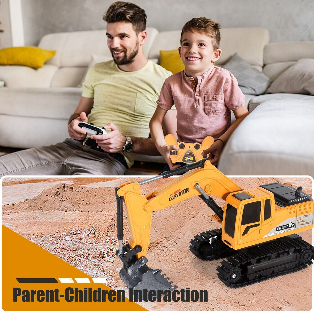 Parent and child playing with the RC excavator digger