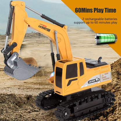 RC excavator digging on a building site; up to 60 minutes play