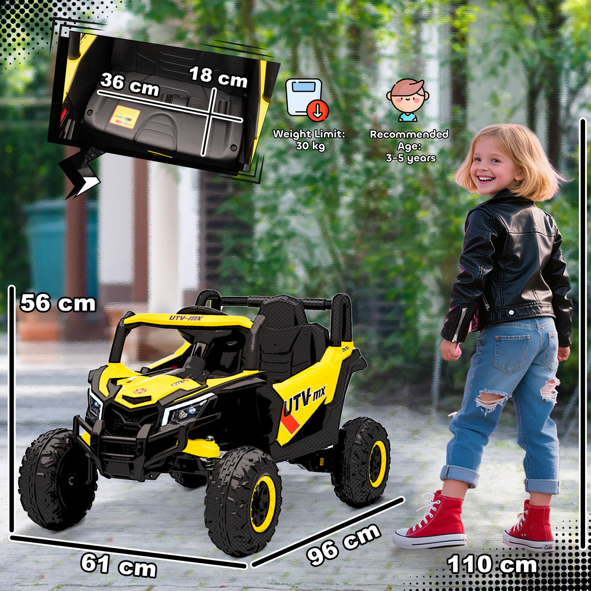 Ride-on UTV size 96 x 61 x 56 cm, seat 36 x 18 cm, max 30 kg
