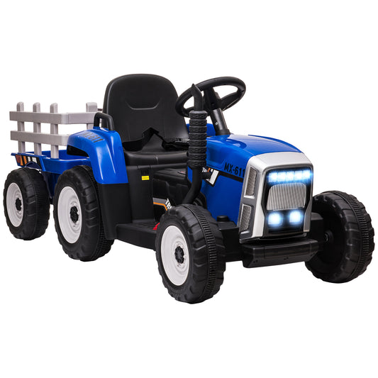 Blue kids 12V ride-on tractor with trailer